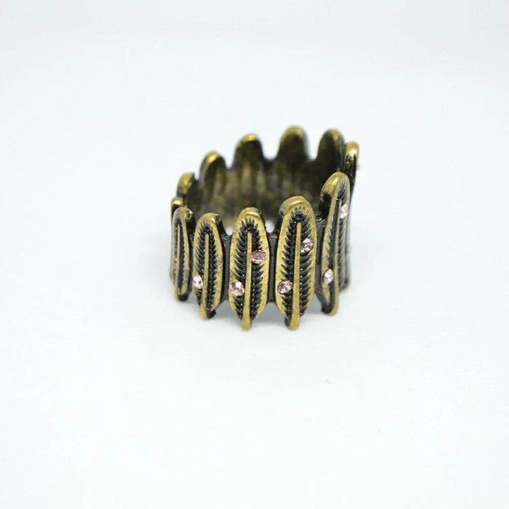 Pink Rhinestone Gold Tone Feather Modernist Ring